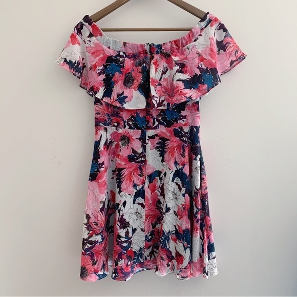 Black Halo Penelope Floral Off the Shoulder Ruffle Mini Dress Sz 6 Pink - Picture 2 of 7